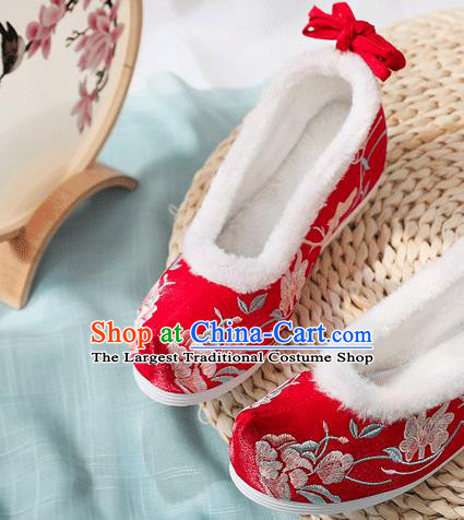 China National Winter Cotton Shoes Handmade Red Cloth Hanfu Shoes Traditional Wedding Embroidered Shoes