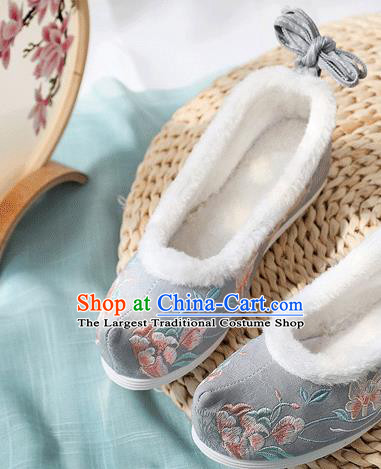 China Traditional Embroidered Shoes National Winter Cotton Shoes Handmade Grey Cloth Hanfu Shoes