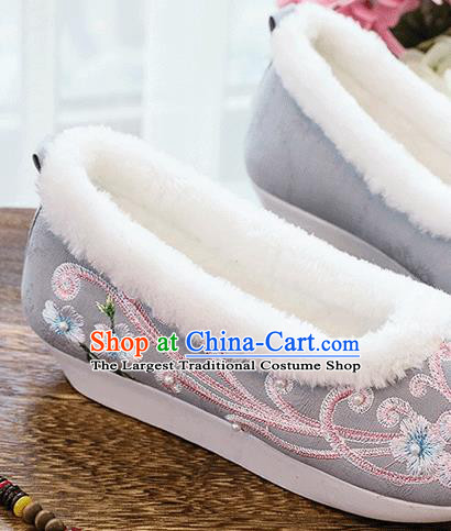 China Folk Dance Shoes National Woman Winter Shoes Traditional Embroidered Pearls Grey Cloth Shoes