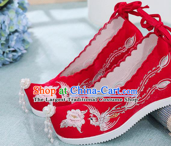 China Traditional Hanfu Pearls Tassel Shoes Handmade Xiuhe Suit Wedge Shoes Wedding Embroidered Phoenix Peony Shoes