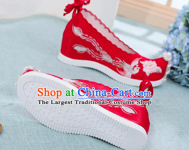 China Traditional Hanfu Pearls Tassel Shoes Handmade Xiuhe Suit Wedge Shoes Wedding Embroidered Phoenix Peony Shoes