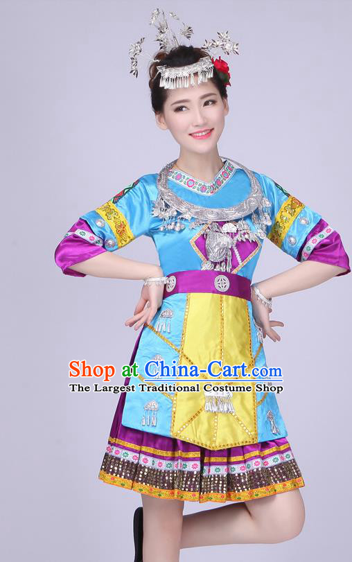 China Xiangxi Ethnic Performance Outfits Yao Minority Blue Dress Tujia Nationality Folk Dance Clothing and Hair Accessories