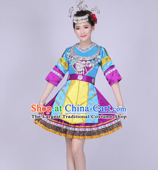 China Xiangxi Ethnic Performance Outfits Yao Minority Blue Dress Tujia Nationality Folk Dance Clothing and Hair Accessories