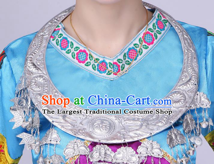 China Xiangxi Ethnic Performance Outfits Yao Minority Blue Dress Tujia Nationality Folk Dance Clothing and Hair Accessories