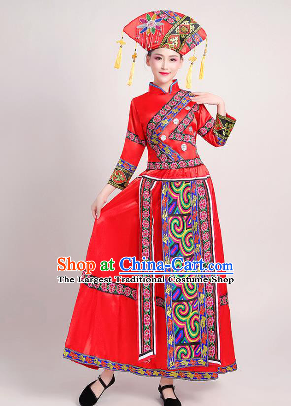 China Zhuang Nationality Clothing Guangxi Ethnic Performance Outfits Minority Folk Dance Red Dress and Hat