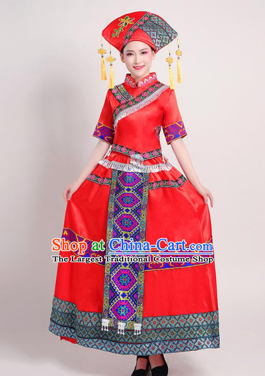 China Guangxi Ethnic Performance Red Outfits Tujia Minority Folk Dance Dress Zhuang Nationality Female Clothing and Headwear