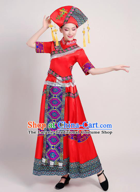 China Guangxi Ethnic Performance Red Outfits Tujia Minority Folk Dance Dress Zhuang Nationality Female Clothing and Headwear