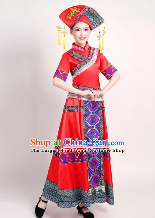 China Guangxi Ethnic Performance Red Outfits Tujia Minority Folk Dance Dress Zhuang Nationality Female Clothing and Headwear