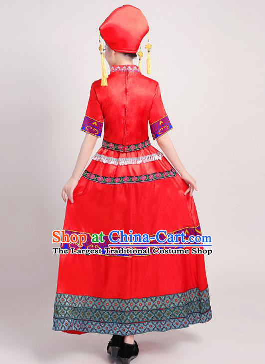 China Guangxi Ethnic Performance Red Outfits Tujia Minority Folk Dance Dress Zhuang Nationality Female Clothing and Headwear