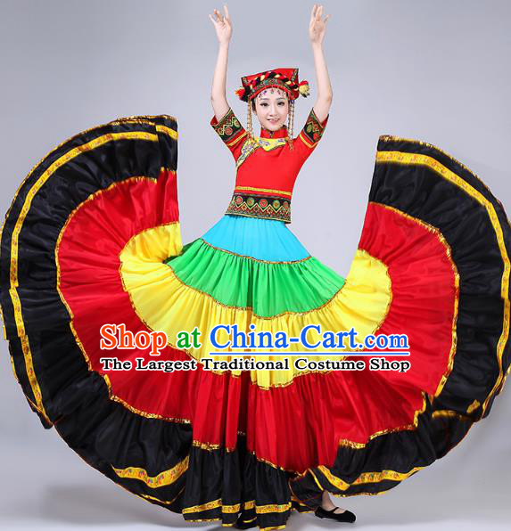 China Yi Minority Torch Festival Dress Traditional Ethnic Performance Clothing Guangxi Nationality Folk Dance Costumes and Headwear