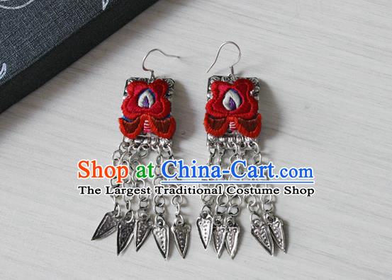 China National Embroidered Red Earrings Traditional Cheongsam Silver Tassel Ear Accessories