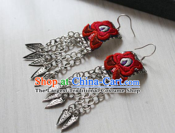 China National Embroidered Red Earrings Traditional Cheongsam Silver Tassel Ear Accessories