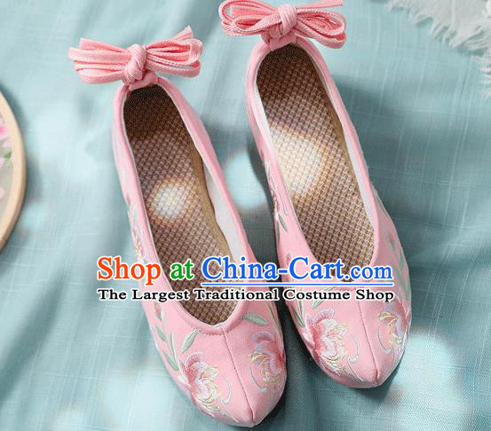 China Embroidered Peach Blossom Shoes Traditional Bow Shoes Folk Dance Pink Cloth Shoes