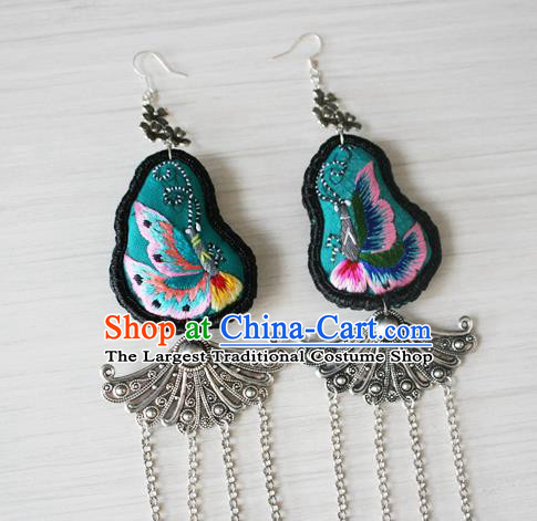 China National Guizhou Ethnic Silver Tassel Earrings Traditional Cheongsam Embroidered Butterfly Ear Accessories
