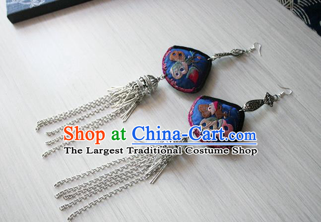 China Guizhou Miao Silver Earrings Traditional Cheongsam Embroidered Blue Ear Jewelry