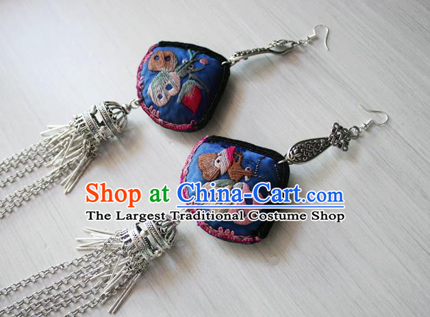 China Guizhou Miao Silver Earrings Traditional Cheongsam Embroidered Blue Ear Jewelry