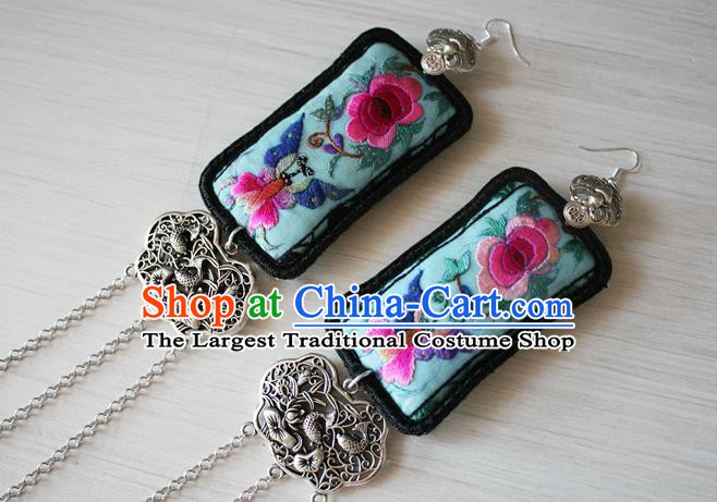 China Traditional Cheongsam Embroidered Green Ear Jewelry Guizhou Miao Silver Carving Lotus Fish Earrings