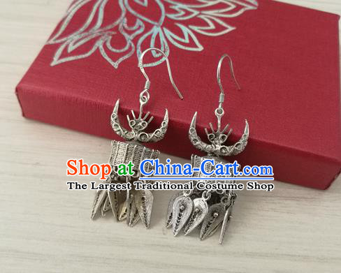 China Guizhou Ethnic Silver Ox Horn Earrings Traditional Miao Nationality Wedding Ear Accessories