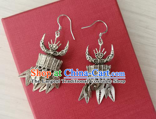 China Guizhou Ethnic Silver Ox Horn Earrings Traditional Miao Nationality Wedding Ear Accessories