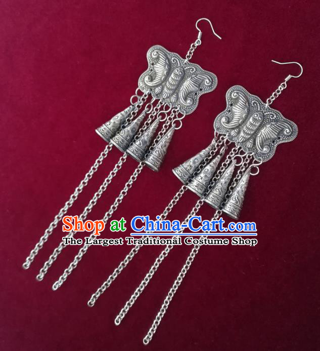 China Traditional Cheongsam Silver Butterfly Ear Accessories National Yunnan Ethnic Folk Dance Tassel Earrings