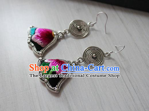 China Traditional Miao Nationality Embroidered Ear Accessories Guizhou Hmong Ethnic Folk Dance Silver Earrings