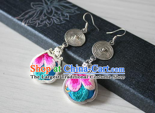 China Handmade Guizhou Hmong Ethnic Wedding Silver Earrings Traditional Miao Nationality Embroidered Blue Ear Accessories