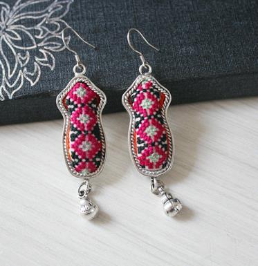 China Traditional Miao Nationality Silver Ear Accessories Handmade Guizhou Ethnic Embroidered Earrings