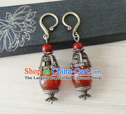 China Traditional Qing Dynasty Imperial Concubine Agate Ear Accessories Handmade Ancient Court Silver Earrings