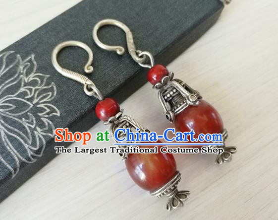 China Traditional Qing Dynasty Imperial Concubine Agate Ear Accessories Handmade Ancient Court Silver Earrings