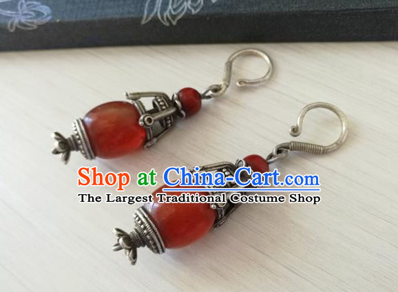 China Traditional Qing Dynasty Imperial Concubine Agate Ear Accessories Handmade Ancient Court Silver Earrings