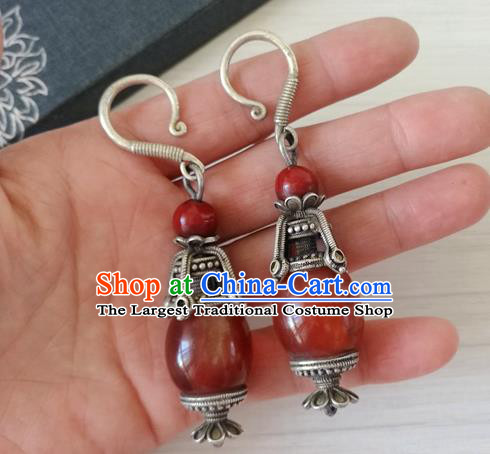 China Traditional Qing Dynasty Imperial Concubine Agate Ear Accessories Handmade Ancient Court Silver Earrings