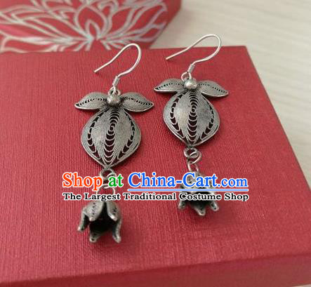 China Handmade National Silver Orchid Earrings Traditional Guizhou Ethnic Folk Dance Ear Accessories