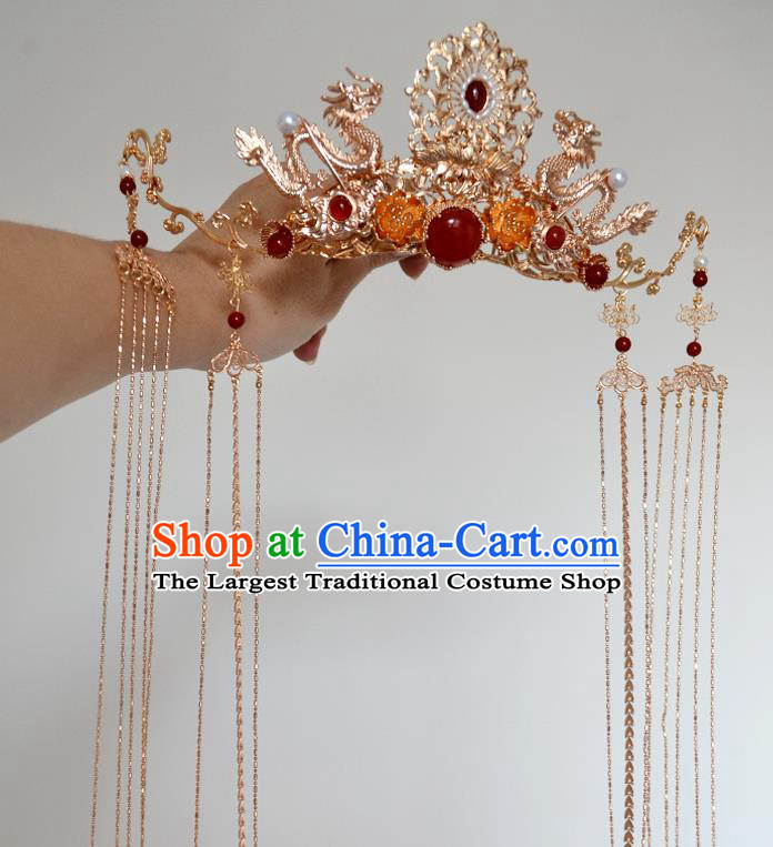 Chinese Traditional Wedding Bride Hair Accessories Ancient Ming Dynasty Empress Golden Dragon Hair Crown
