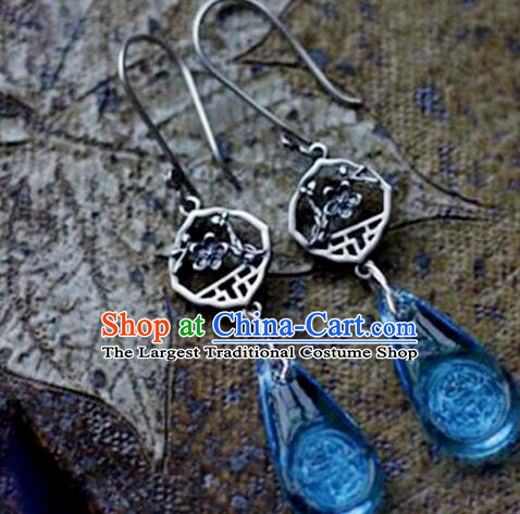 China Handmade National Silver Plum Blossom Earrings Traditional Cheongsam Aquamarine Ear Accessories