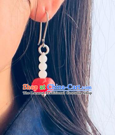 China Handmade National Jade Ring Earrings Traditional Cheongsam Silver Pomegranate Ear Accessories