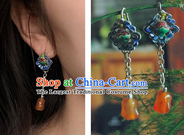 China Handmade National Agate Tassel Earrings Traditional Cheongsam Cloisonne Silver Ear Jewelry
