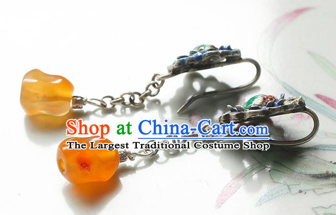 China Handmade National Agate Tassel Earrings Traditional Cheongsam Cloisonne Silver Ear Jewelry