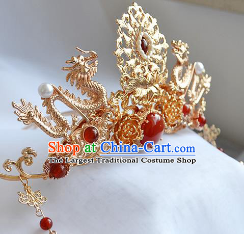 Chinese Traditional Wedding Bride Hair Accessories Ancient Ming Dynasty Empress Golden Dragon Hair Crown