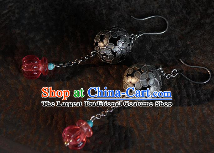 China Handmade National Silver Hydrangea Earrings Traditional Cheongsam Garnet Sachet Ear Jewelry