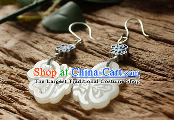 China Handmade National Blueing Silver Earrings Traditional Cheongsam Jade Butterfly Ear Jewelry