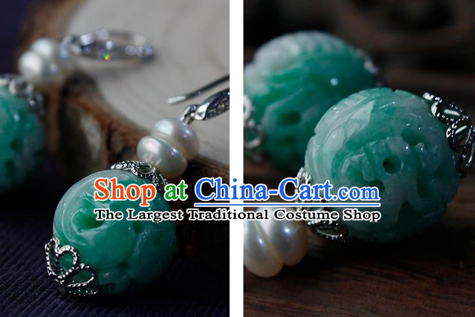 China Handmade National Jadeite Carving Earrings Traditional Cheongsam Pearls Ear Jewelry