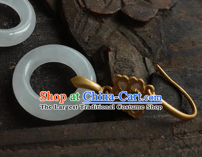 China Handmade National White Jade Ring Earrings Traditional Cheongsam Golden Ear Jewelry