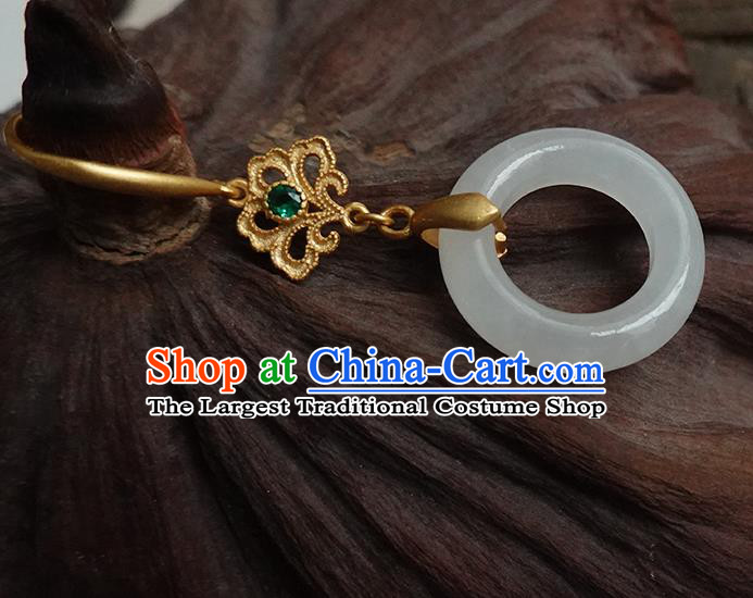 China Handmade National White Jade Ring Earrings Traditional Cheongsam Golden Ear Jewelry