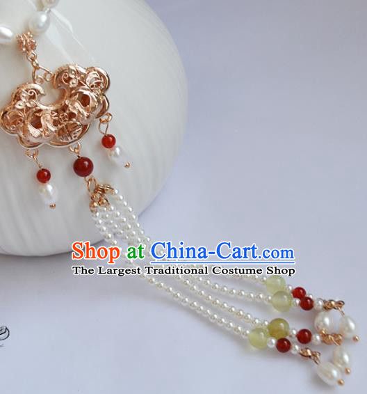 Chinese Ancient Princess Pearls Necklace Handmade Traditional Ming Dynasty Golden Lock Necklet Jewelry