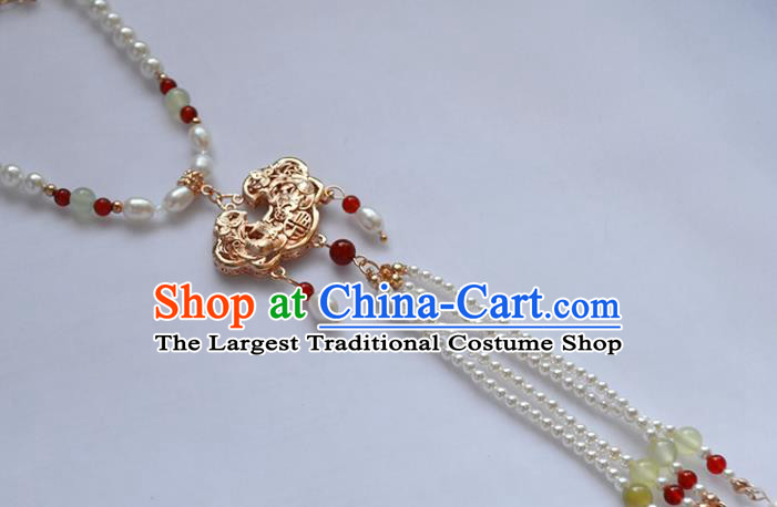 Chinese Ancient Princess Pearls Necklace Handmade Traditional Ming Dynasty Golden Lock Necklet Jewelry