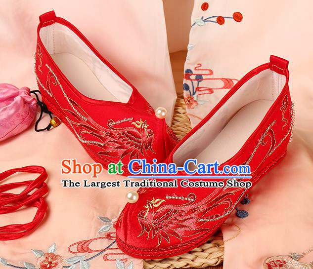 Handmade Chinese Traditional Hanfu Wedding Shoes Ming Dynasty Embroidered Phoenix Shoes Ancient Bride Red Shoes