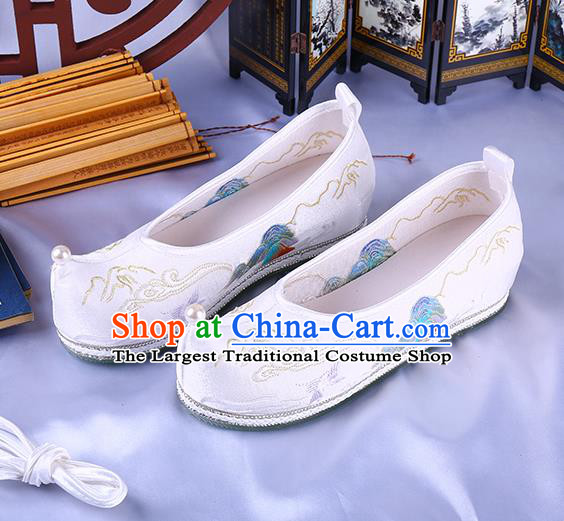 Chinese Traditional Hanfu White Satin Shoes Ming Dynasty Embroidered Landscape Shoes Ancient Princess Bow Shoes