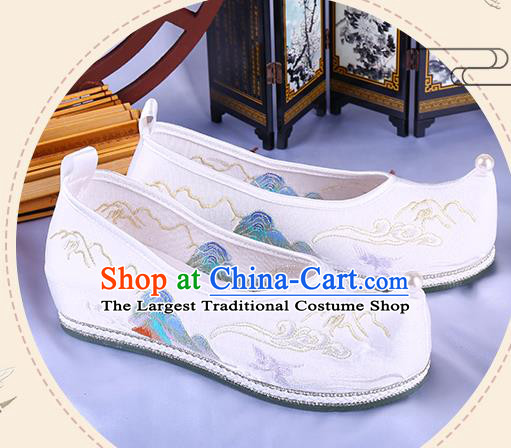 Chinese Traditional Hanfu White Satin Shoes Ming Dynasty Embroidered Landscape Shoes Ancient Princess Bow Shoes