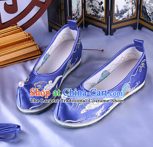 Chinese Ancient Princess Bow Shoes Traditional Hanfu Blue Satin Shoes Ming Dynasty Embroidered Landscape Shoes