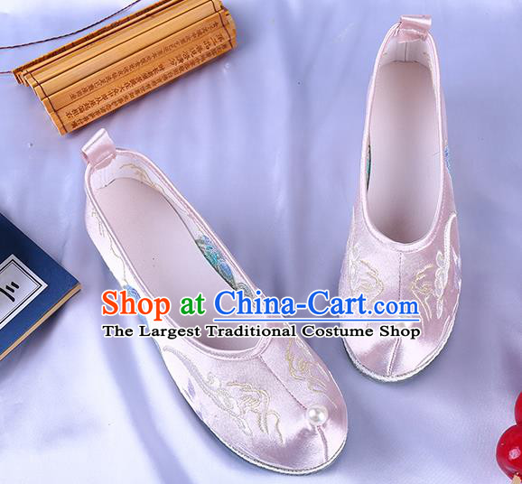Chinese Ming Dynasty Embroidered Landscape Shoes Ancient Princess Bow Shoes Traditional Hanfu Pink Satin Shoes